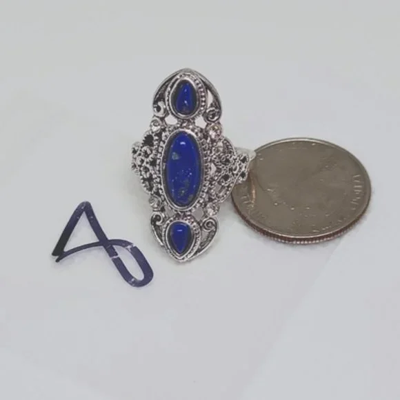 Ancient Silver Lapis-Lazuli Ring Faux Gemstones Silver Plated Blue Size 8 New - Picture 8 of 10